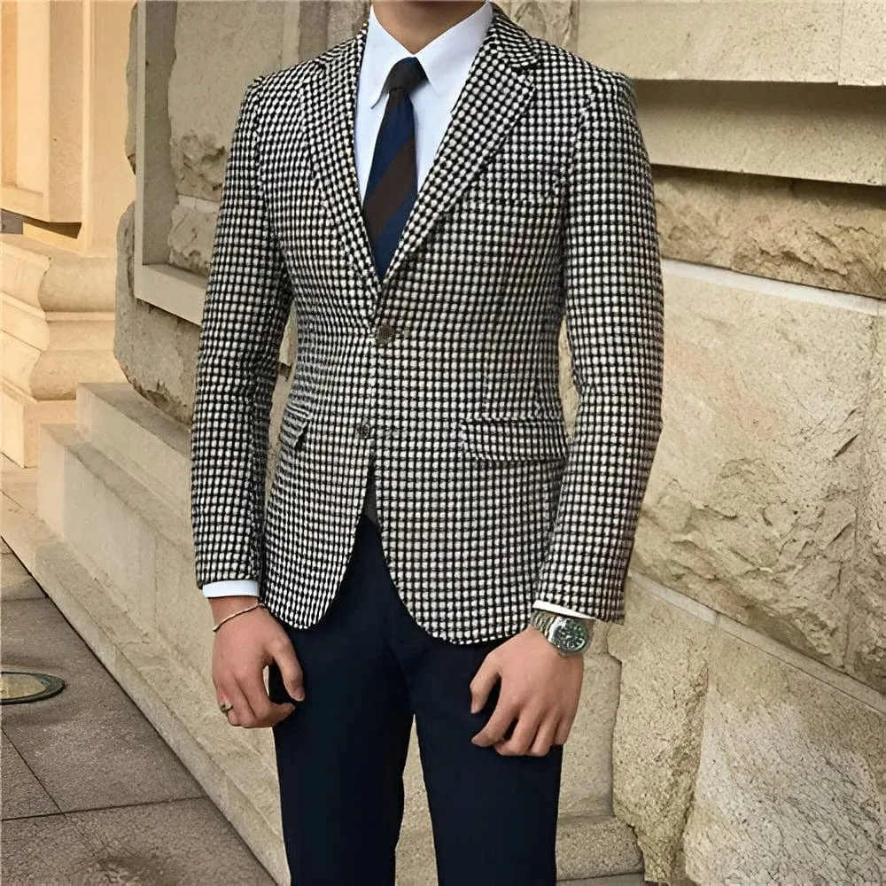 Luxury Houndstooth Men's Plaid Pattern Slim Fit Business Blazer Suit Jacket