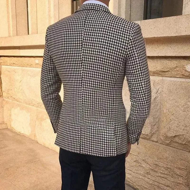 Luxury Houndstooth Men's Plaid Pattern Slim Fit Business Blazer Suit Jacket