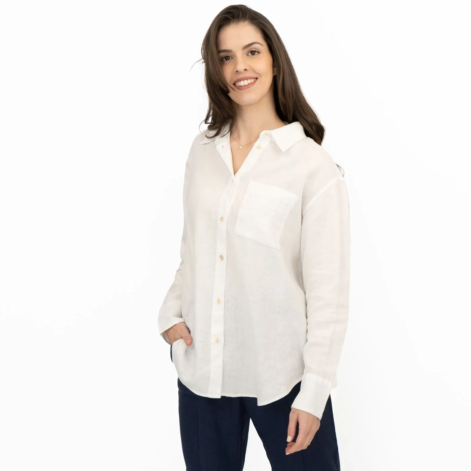 M&S Womens White Pure Linen Collared Blouse