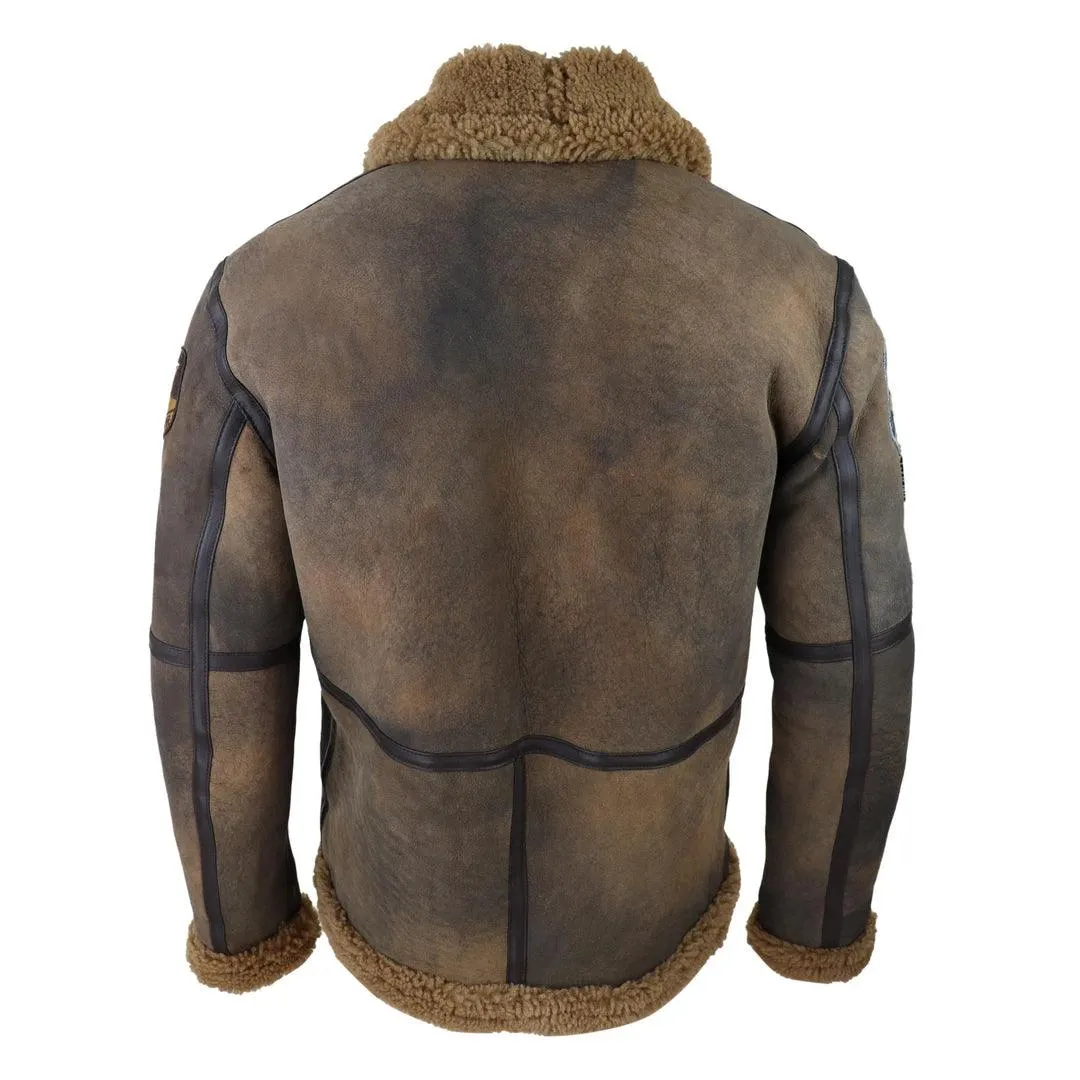 Mens Brown Distressed Real Sheepskin Flying Jacket Camel Fur Zipped Classic Winter