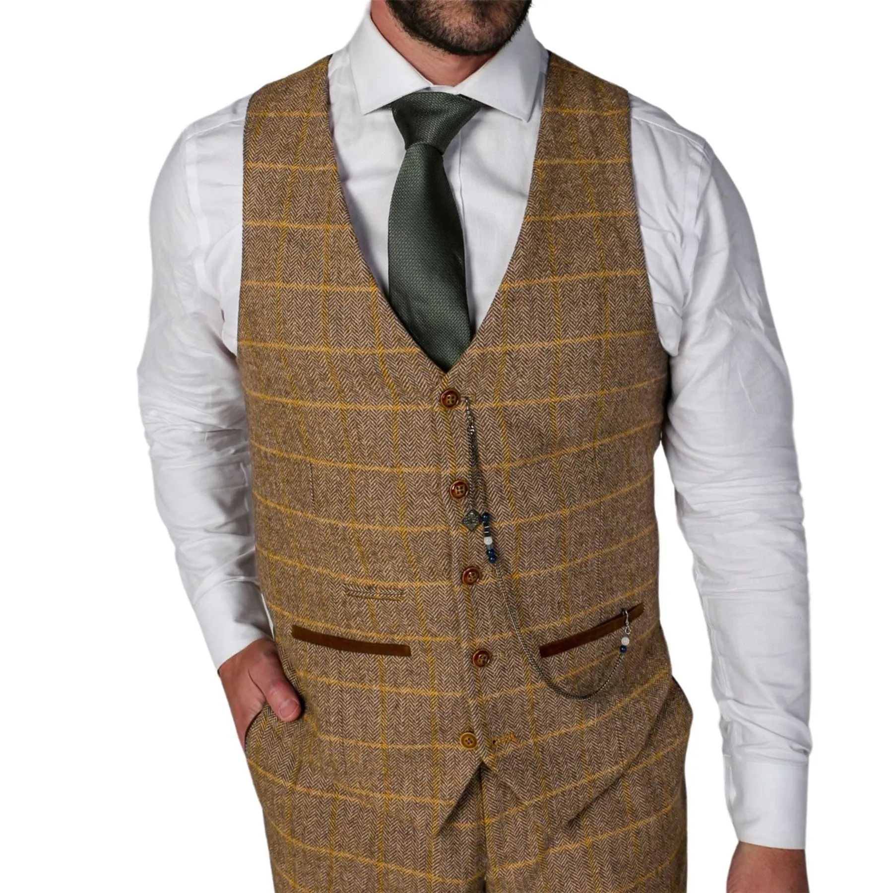 Men's Brown Waistcoat Tweed Herringbone Wool Blend Vest