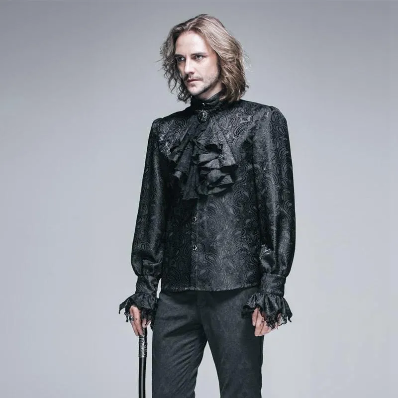 Men's Goth Style Self Design Shirt with Jabot