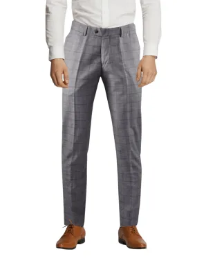 Men's Grey Double Line Windowpane Check Slim Fit Trousers