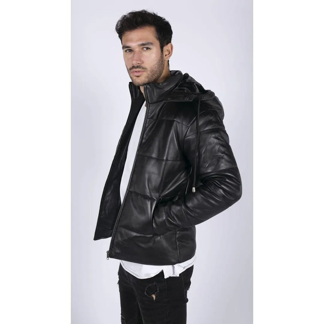 Mens Puffer Hood Quilted Jacket Real Leather Black Casual Retro 80s Classic Casual