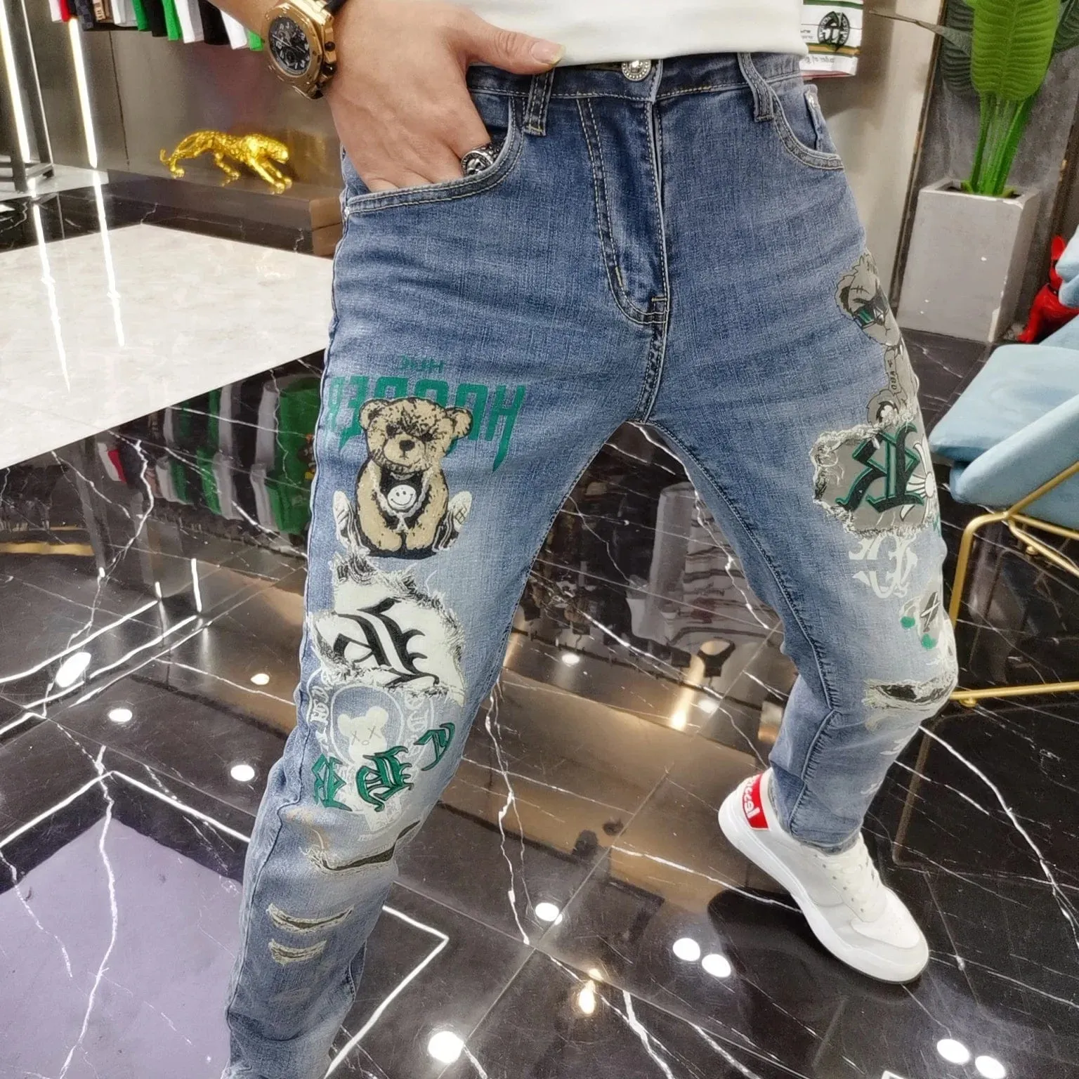 Men's Ripped Bear Print Slim Fit Denim Streetwear Jeans