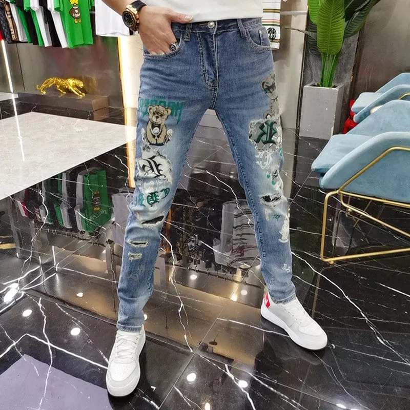 Men's Ripped Bear Print Slim Fit Denim Streetwear Jeans