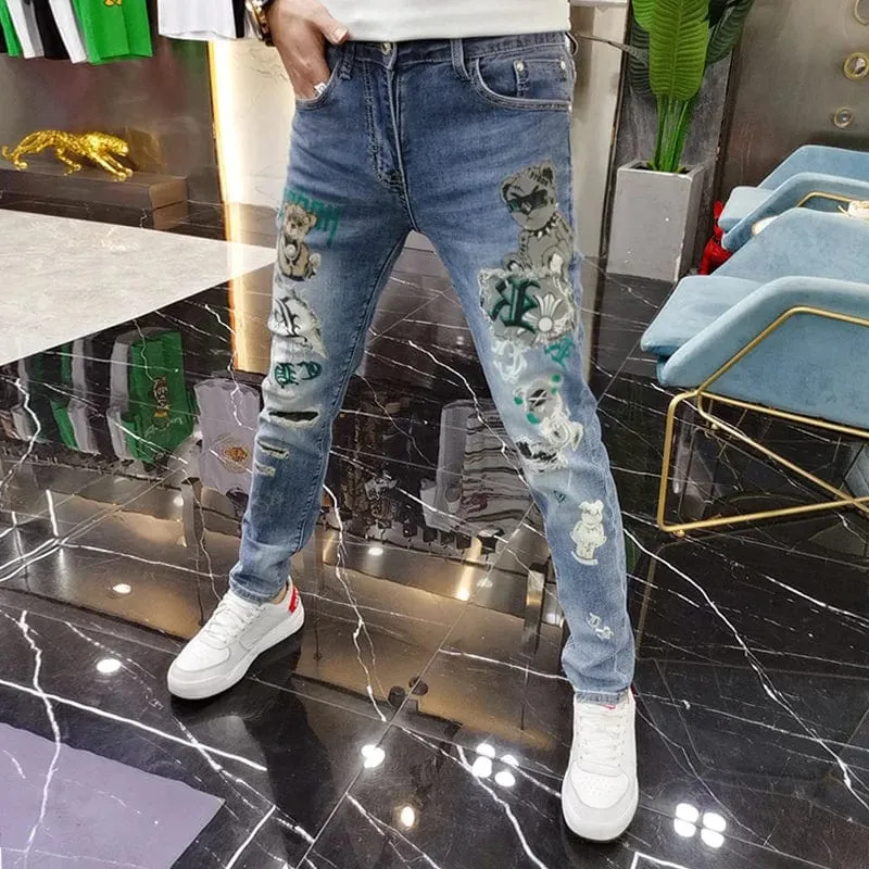 Men's Ripped Bear Print Slim Fit Denim Streetwear Jeans