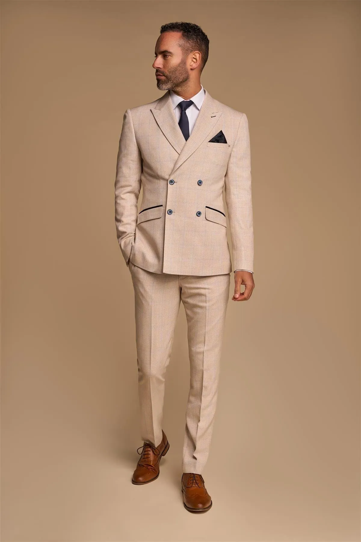 Men's Suit 2 Piece Beige Double Breasted Tailored Fit