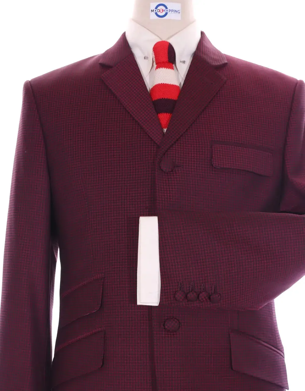 Men's Three Piece Burgundy Check Suit