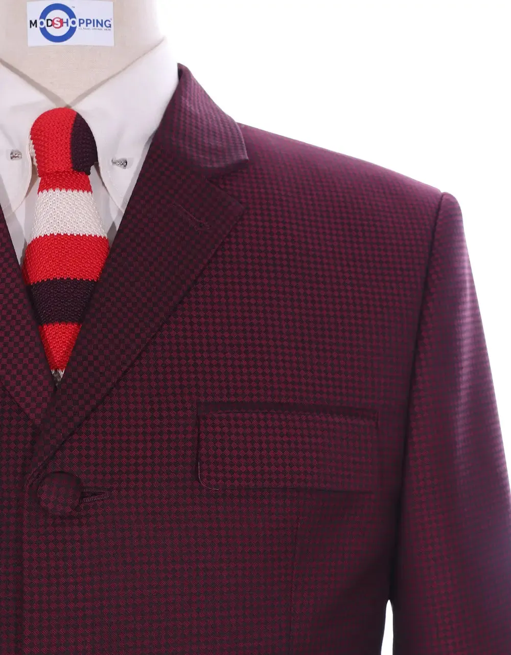 Men's Three Piece Burgundy Check Suit