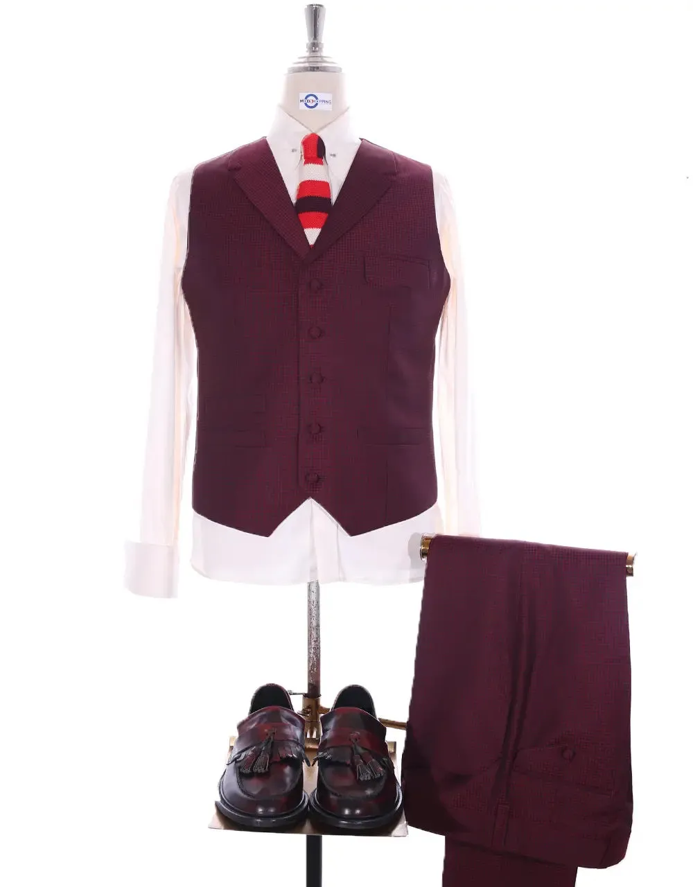 Men's Three Piece Burgundy Check Suit