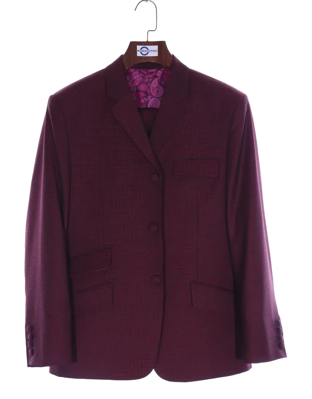 Men's Three Piece Burgundy Check Suit