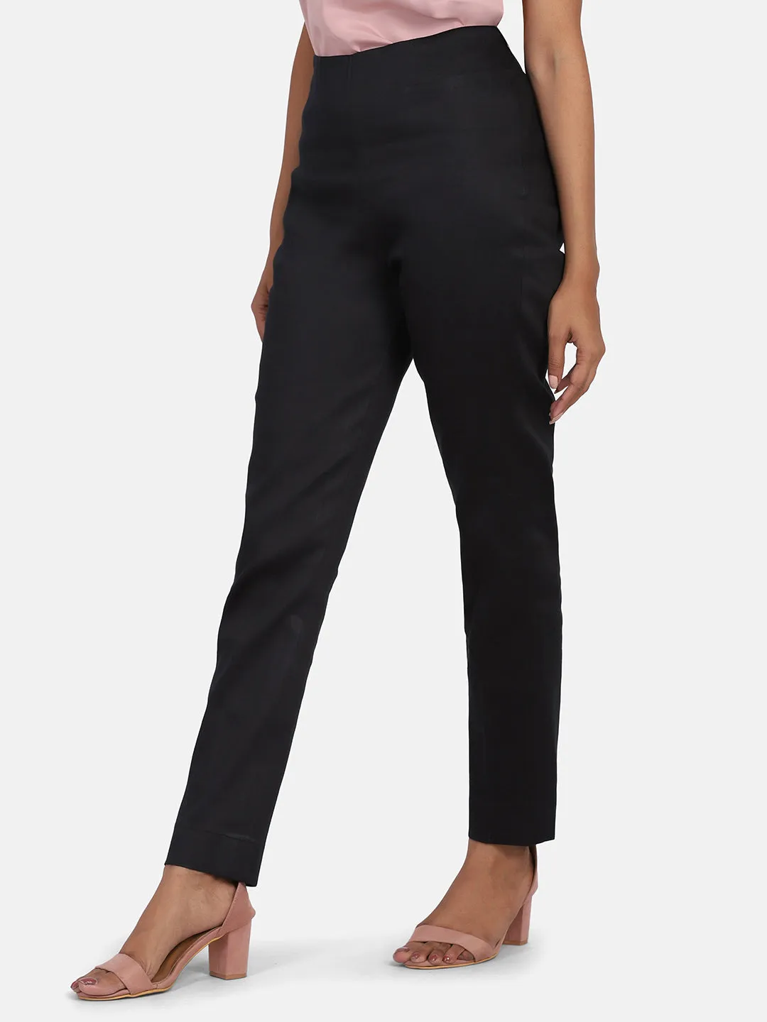 Mid Waist Stretch Cotton Slim Fit Trouser - Black