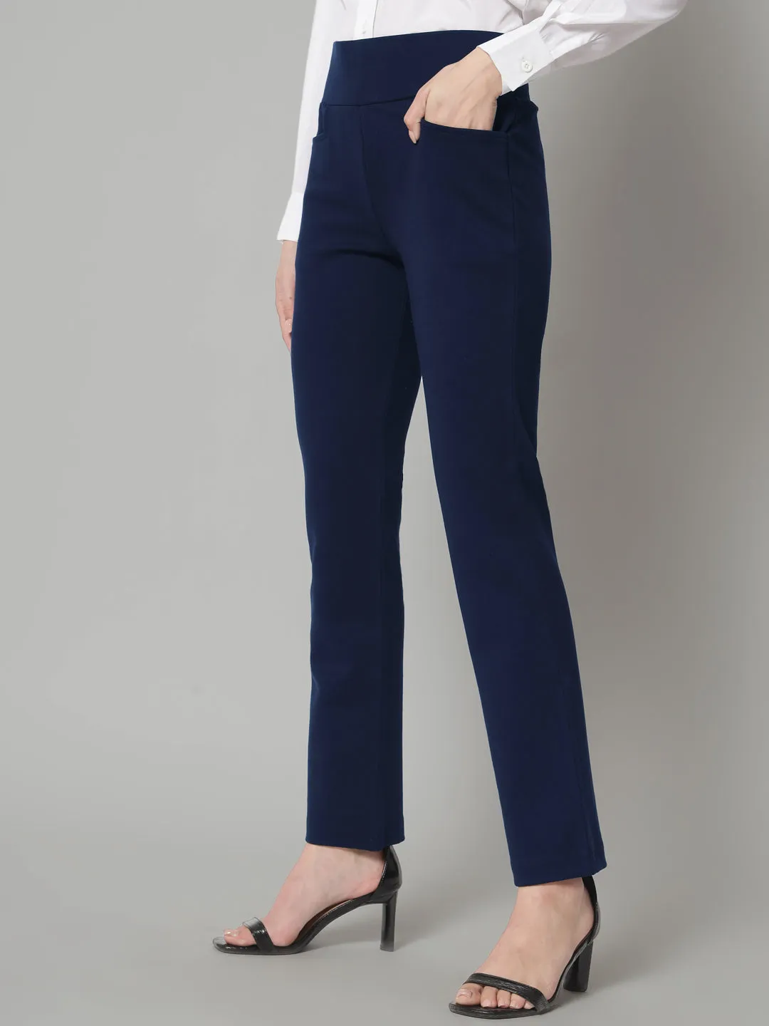 Mid Waist Stretch Tapered Fit Trouser - Navy Blue