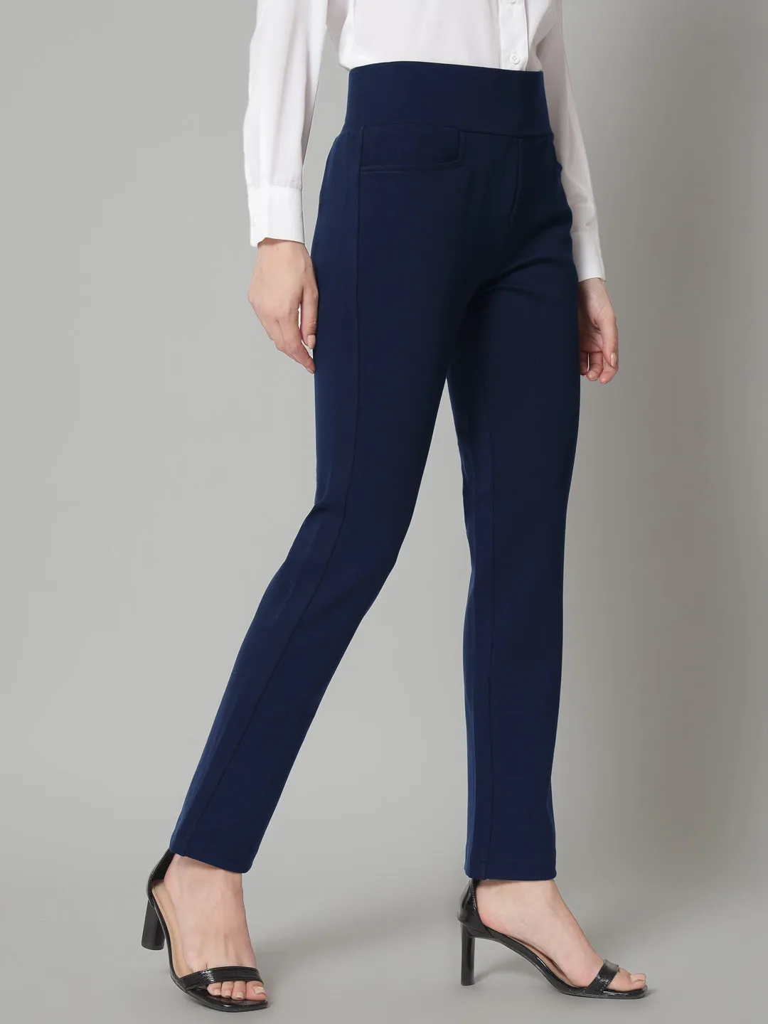 Mid Waist Stretch Tapered Fit Trouser - Navy Blue