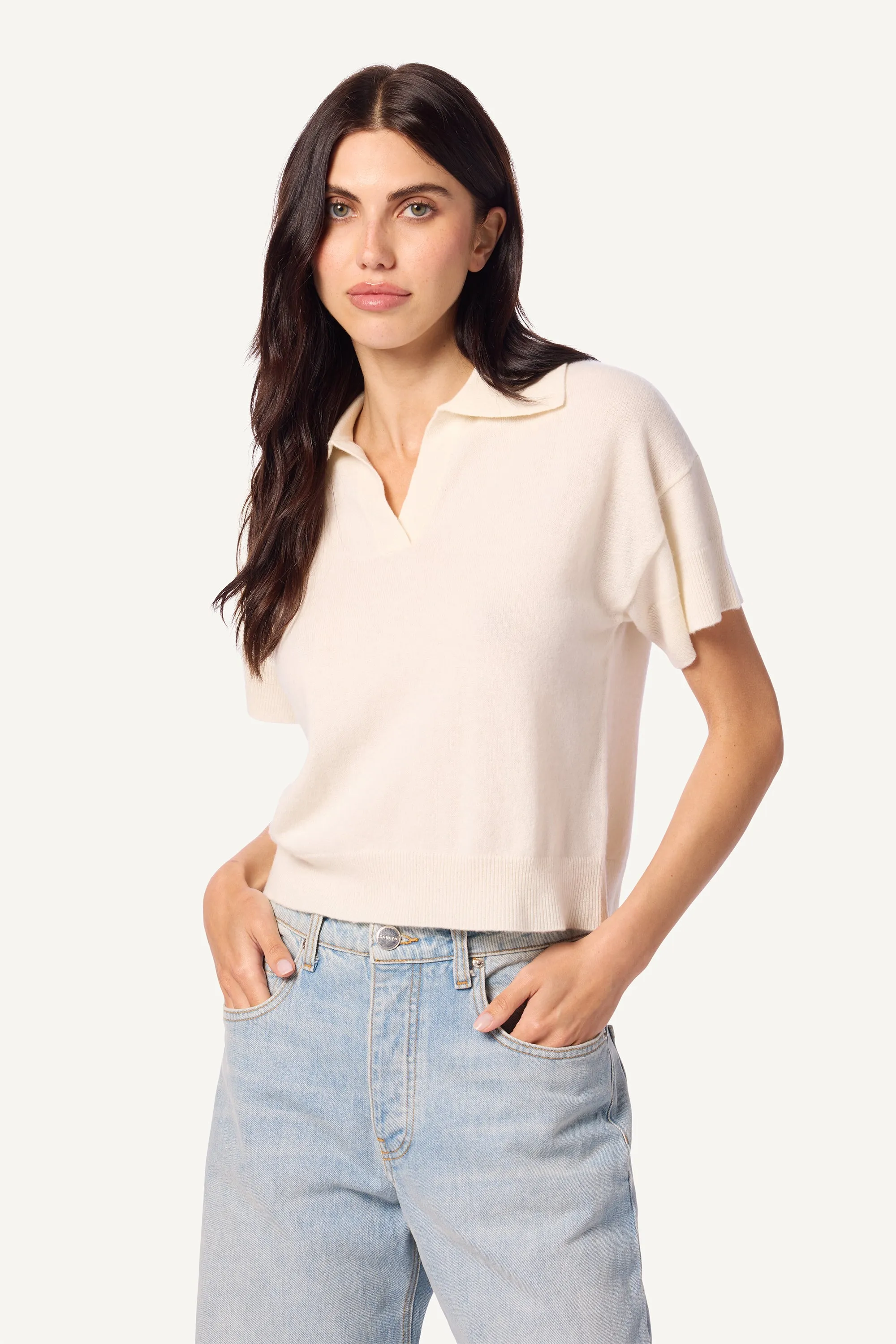 MIRABELLE RELAXED SHORT SLEEVE CASHMERE POLO | GARDENIA