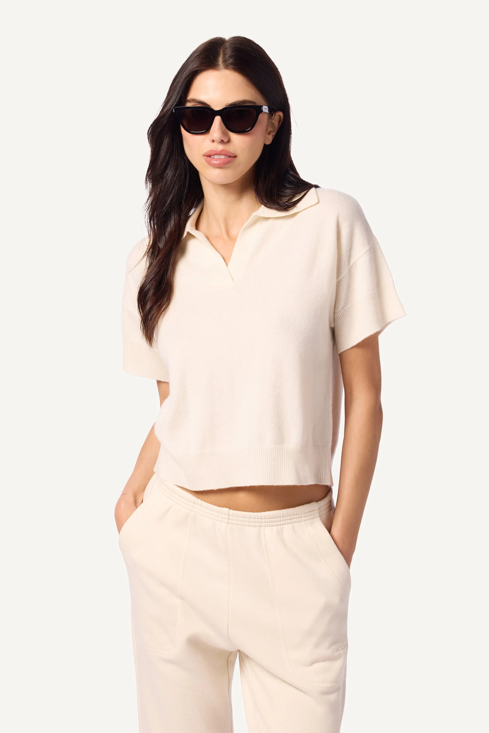 MIRABELLE RELAXED SHORT SLEEVE CASHMERE POLO | GARDENIA