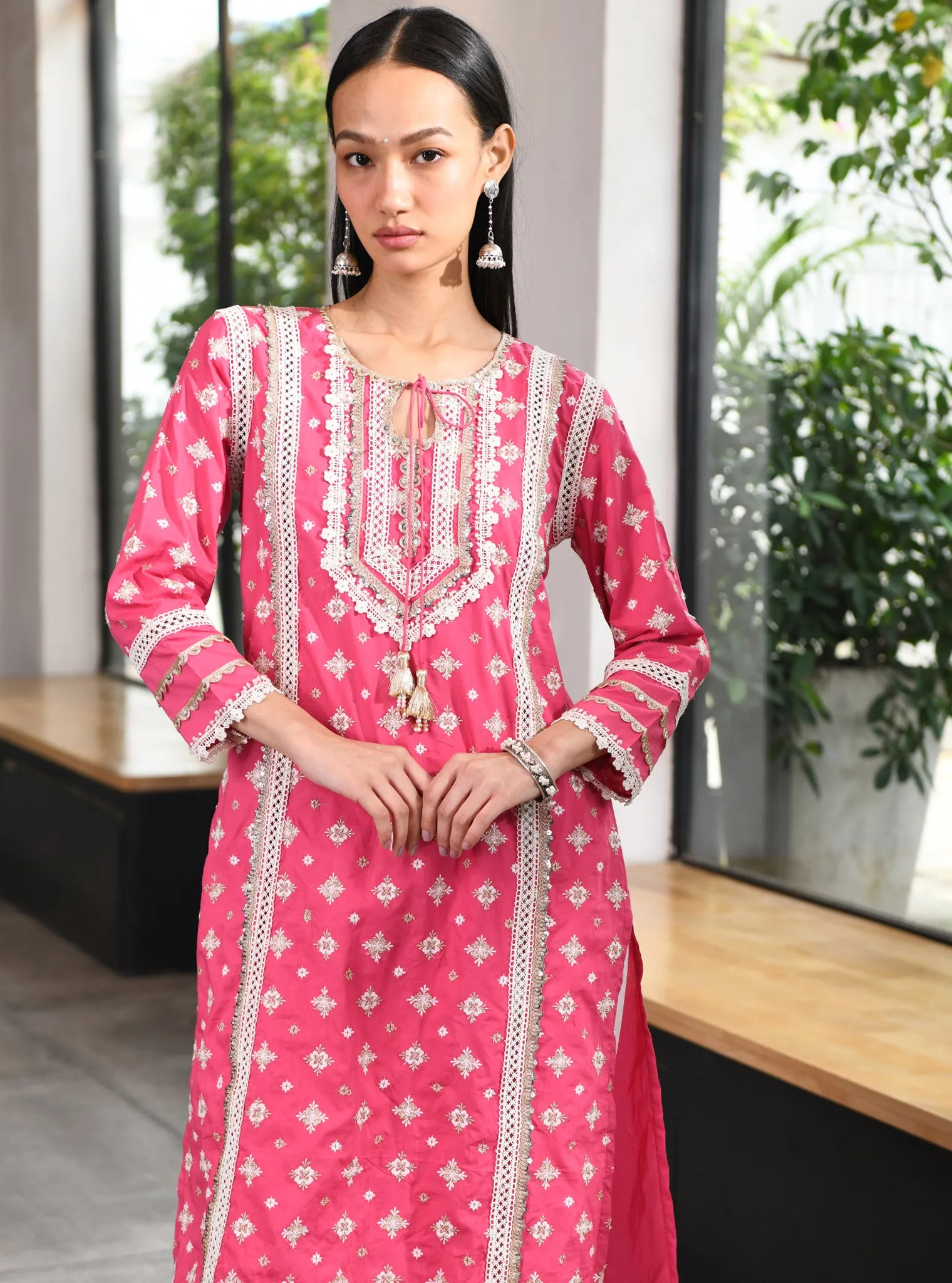 Mulmul Cotton Corey Fuchsia Kurta With Mulmul Cotton Golden Sequins Gota White Pant