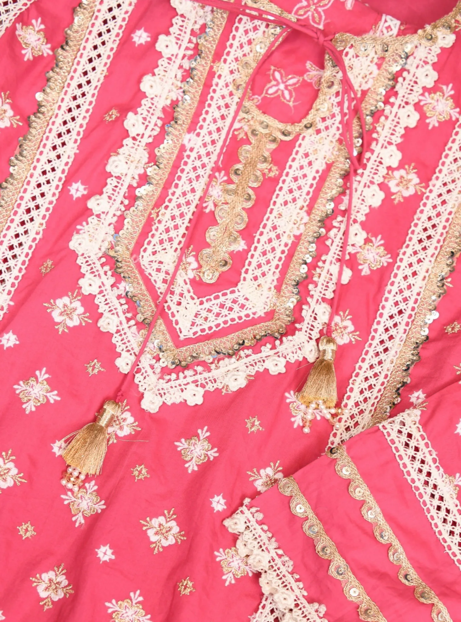 Mulmul Cotton Corey Fuchsia Kurta With Mulmul Cotton Golden Sequins Gota White Pant