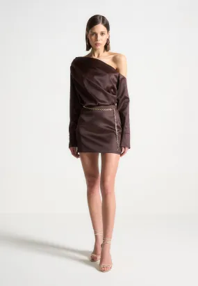 Off Shoulder Draped Satin Mini Dress with Belt - Brown