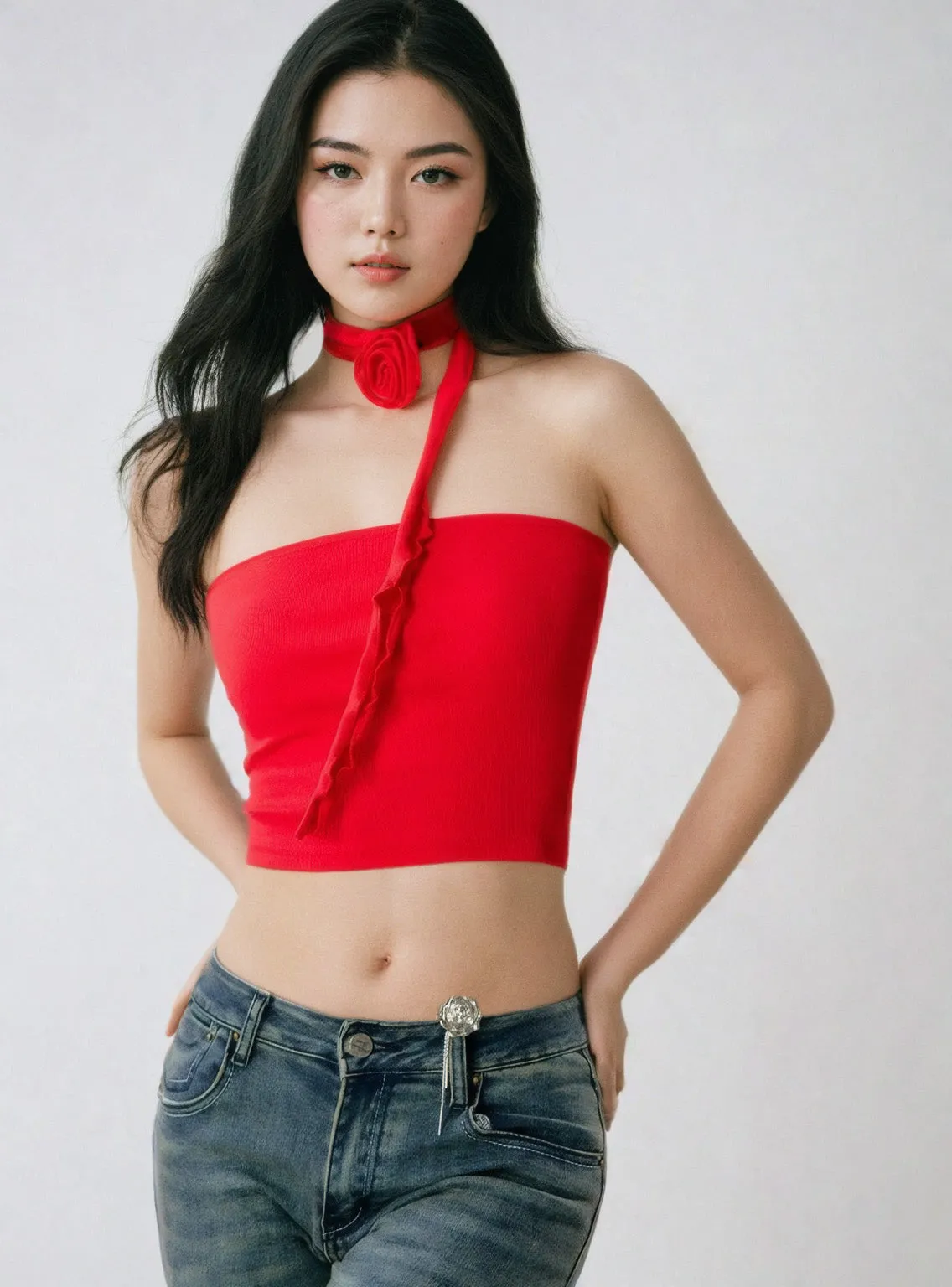 One-Shoulder Ruffled Crop Top with Rose Neck Detail