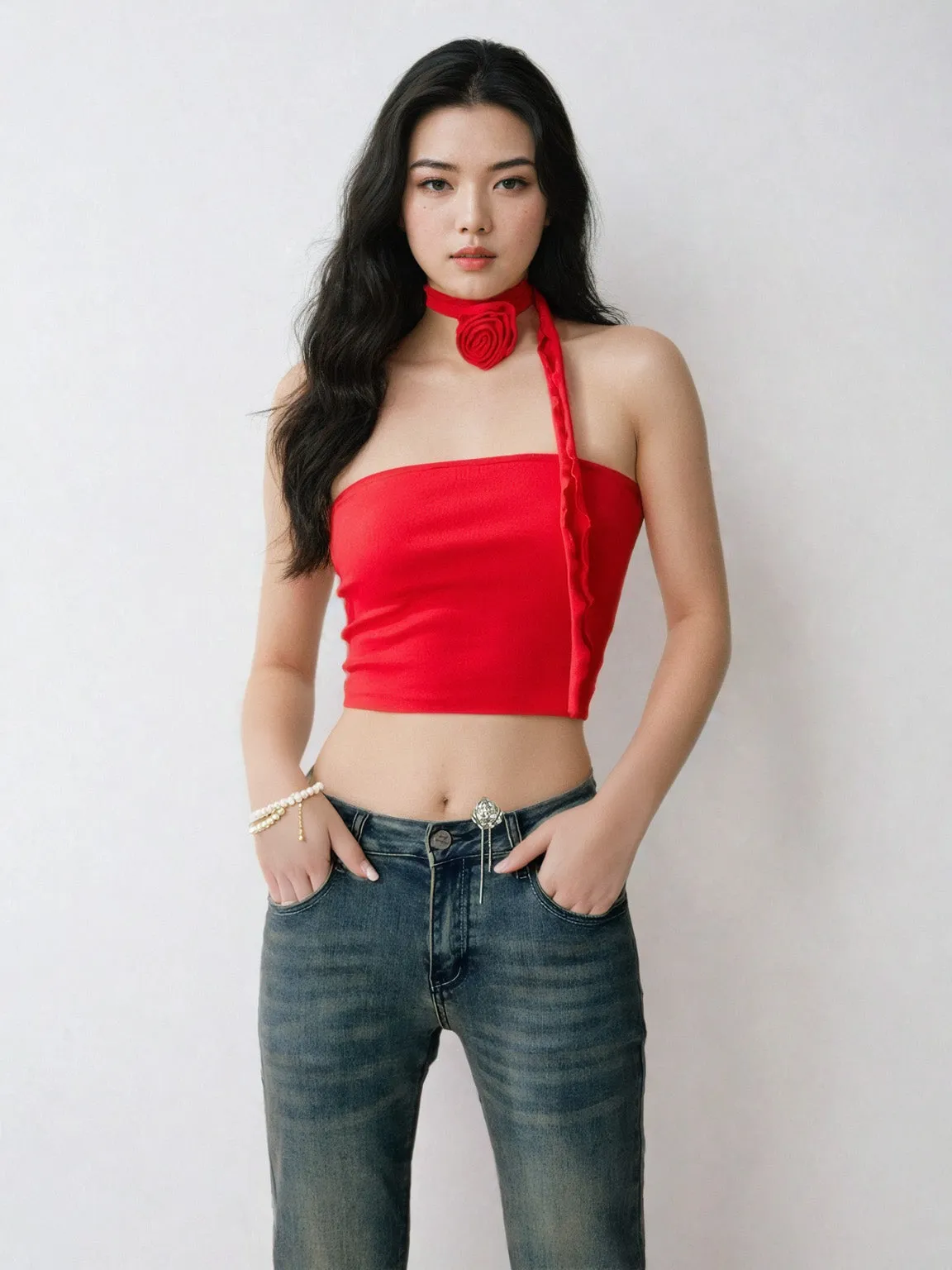 One-Shoulder Ruffled Crop Top with Rose Neck Detail