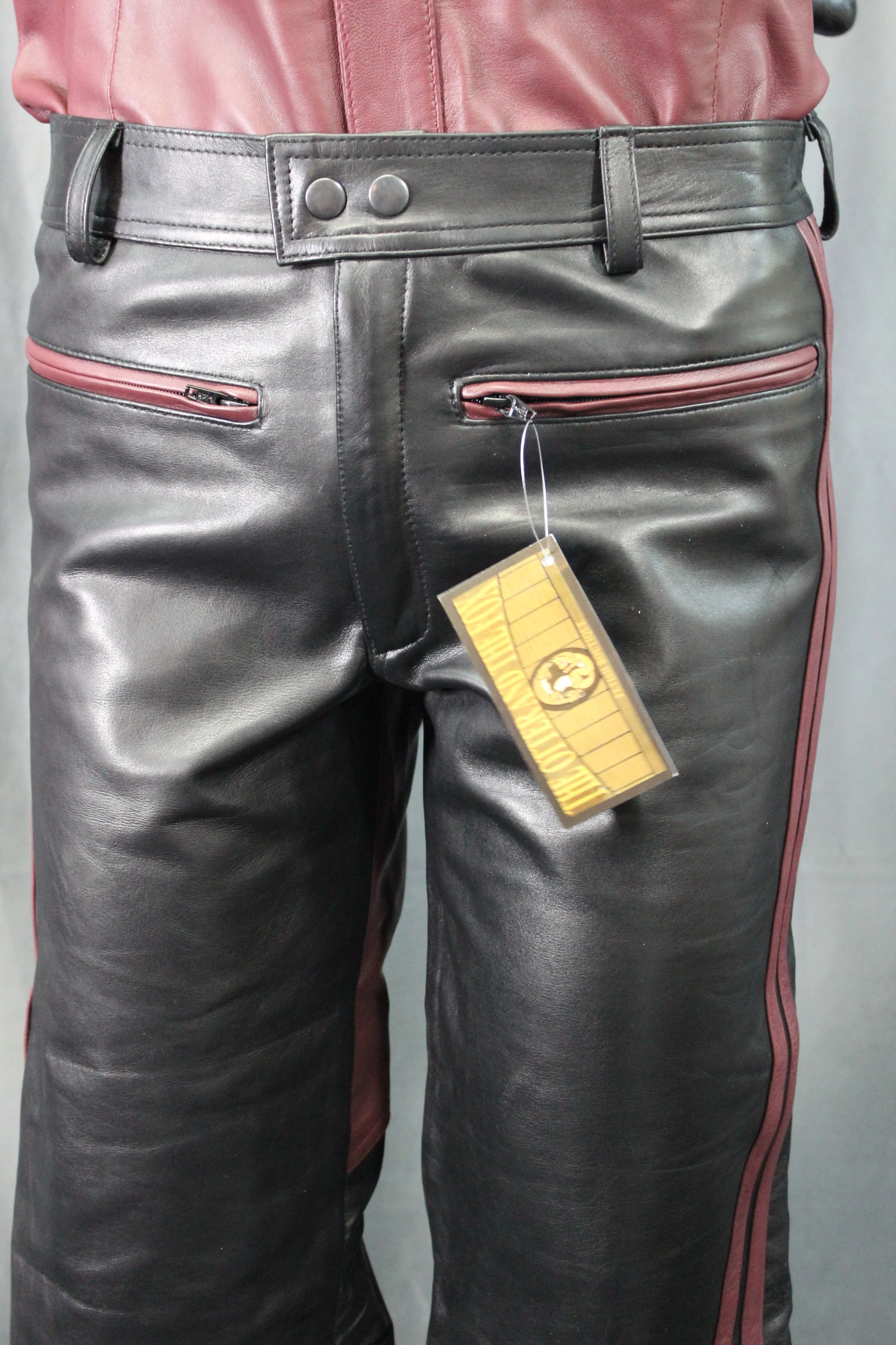 OnF Leather Formal Pants in Black with Burgundy Highlights