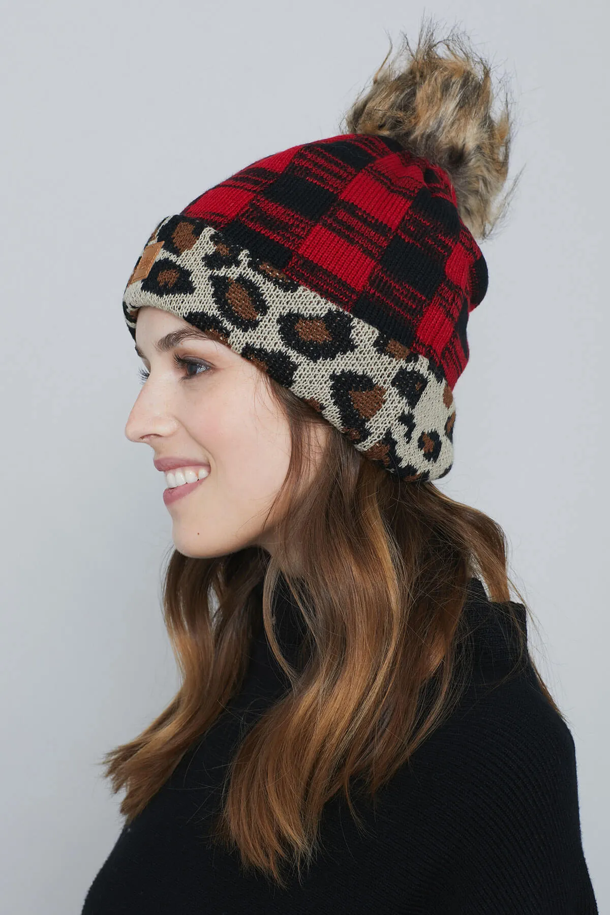 Panache Leopard Buffalo Plaid Pom Pom Hat