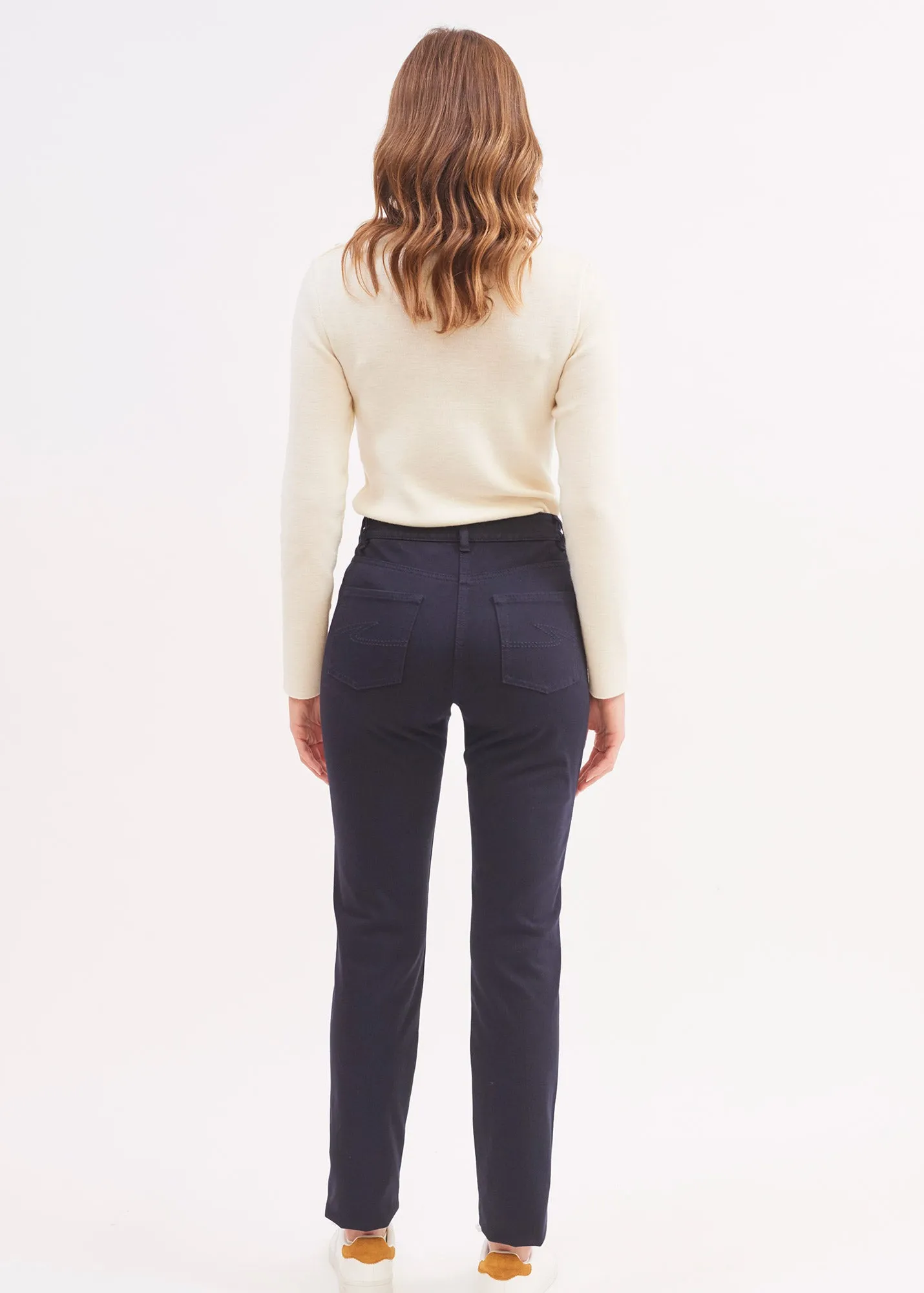 Pantalon droit Patricia - taille élastiquée en coton stretch (NAVY)