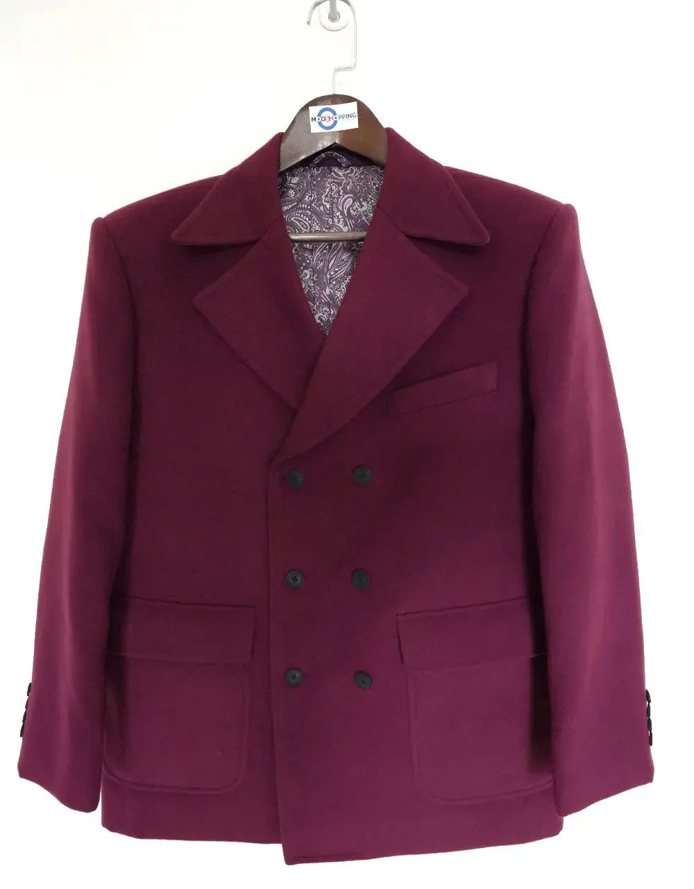 Pea Coat | 60s Mod Retro Burgundy Double Breasted Pea Coat