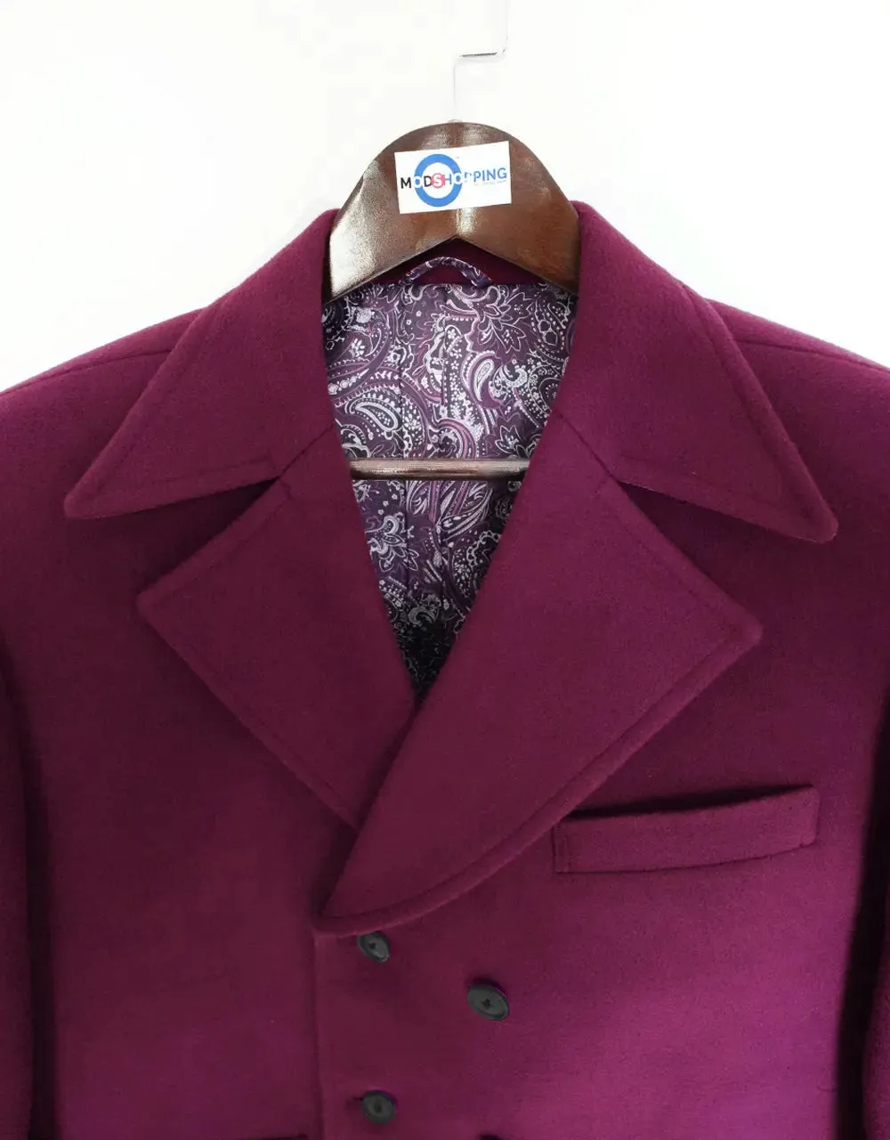 Pea Coat | 60s Mod Retro Burgundy Double Breasted Pea Coat