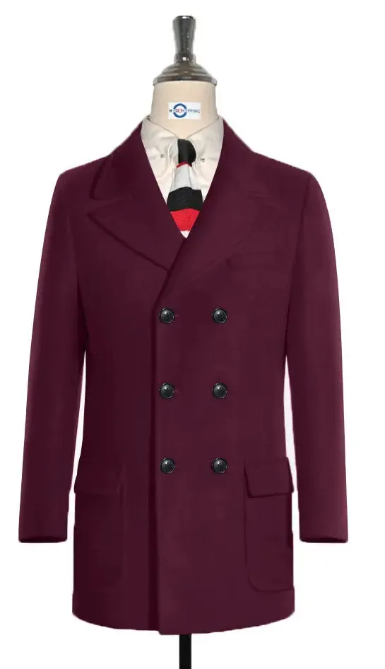 Pea Coat | 60s Mod Retro Burgundy Double Breasted Pea Coat