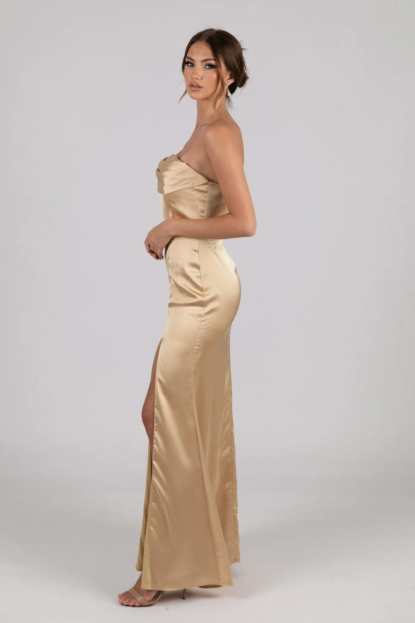 Peyton Strapless Satin Maxi Dress - Neutral Gold