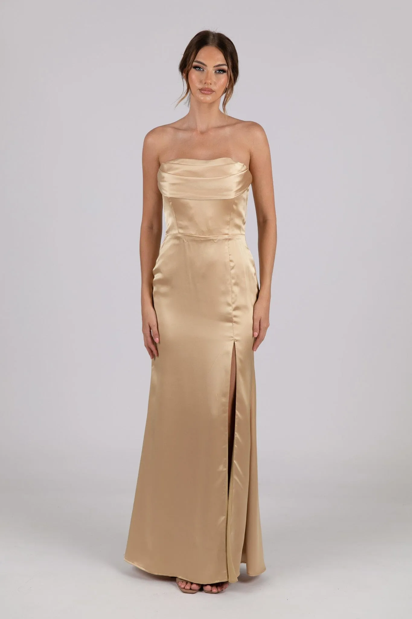 Peyton Strapless Satin Maxi Dress - Neutral Gold