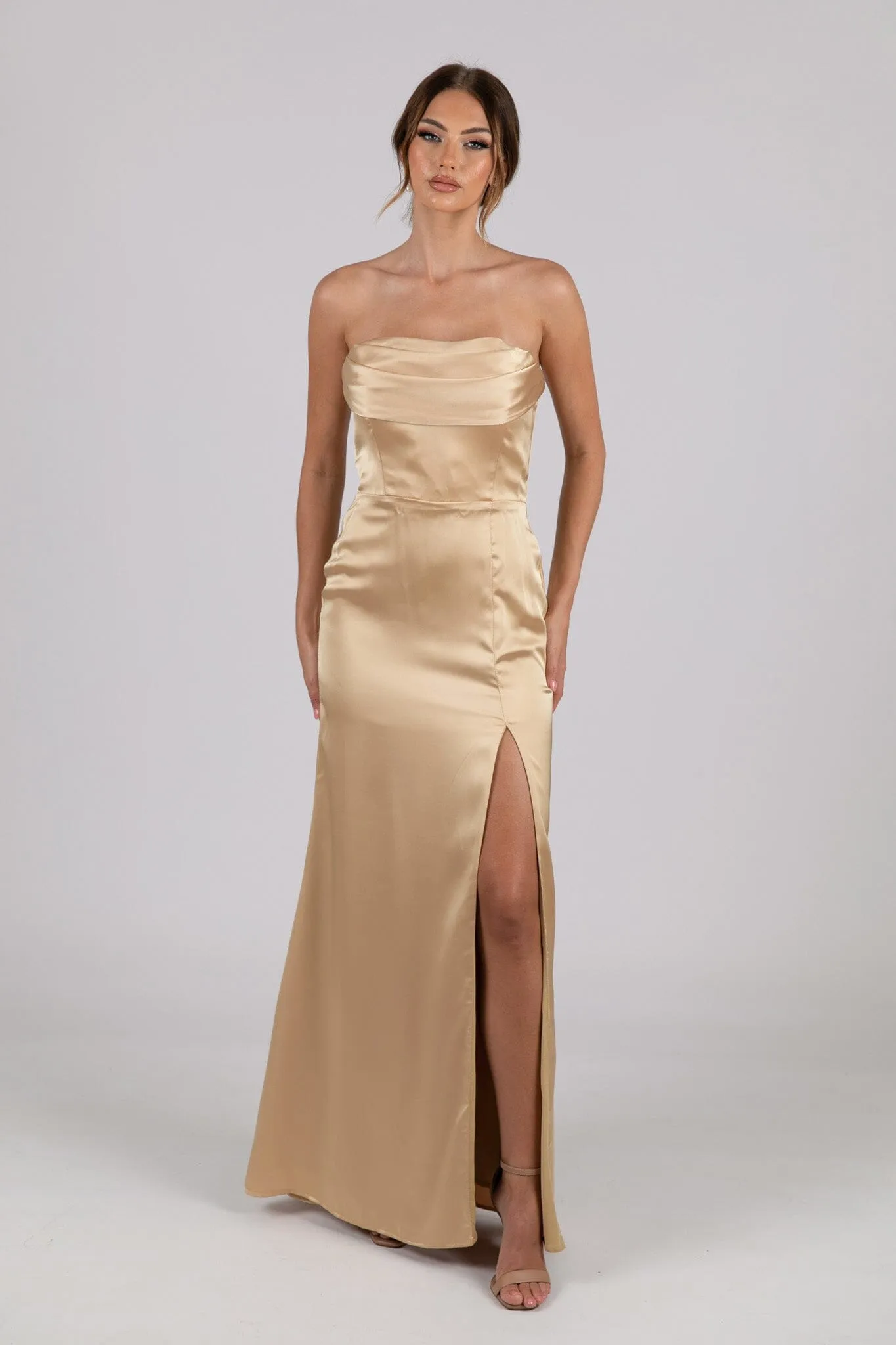 Peyton Strapless Satin Maxi Dress - Neutral Gold