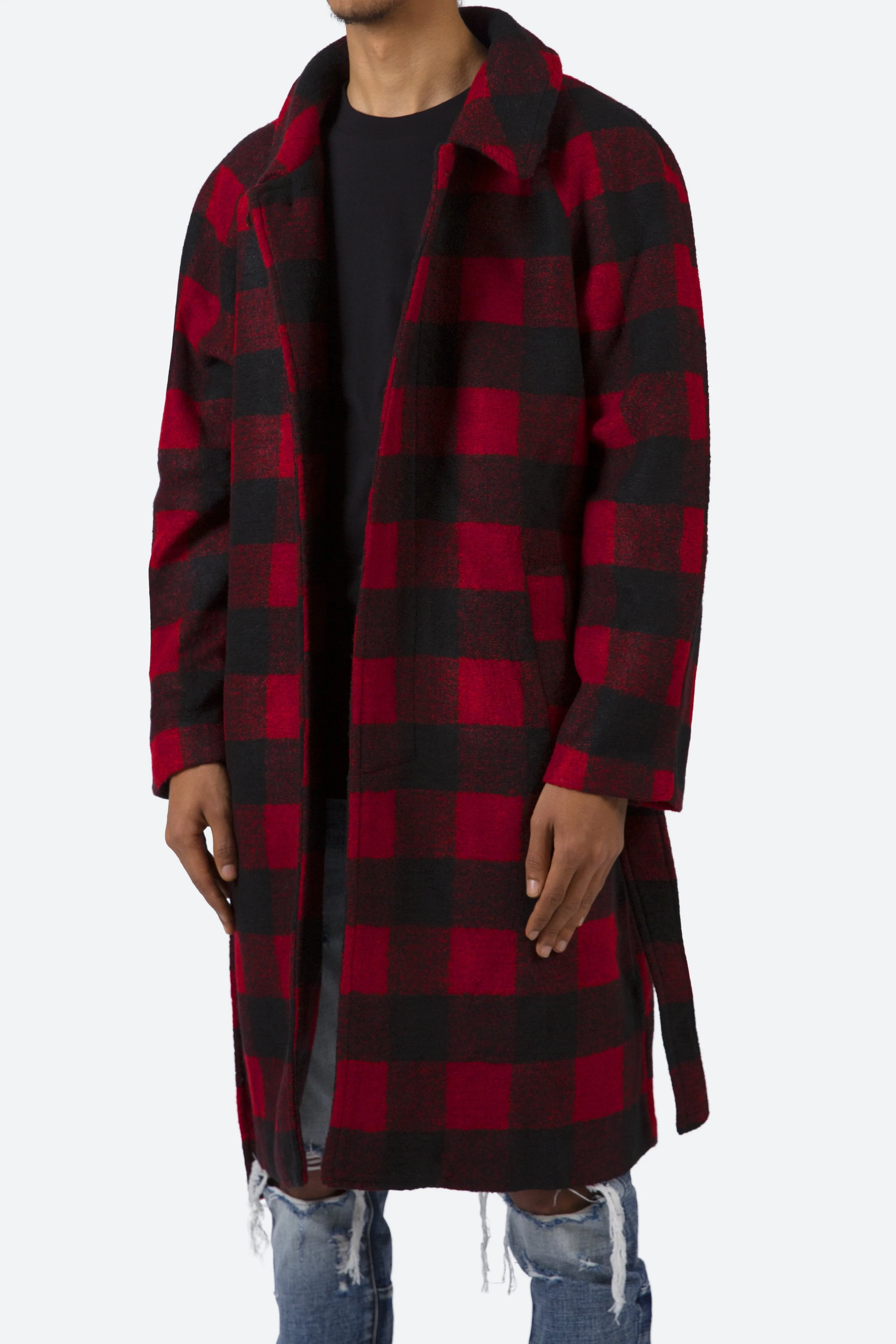 Plaid Military Trench Coat - Black/Red