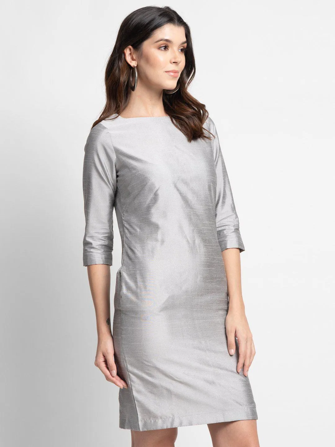 Poly Dupioni Evening Sheath Dress - Silver Grey