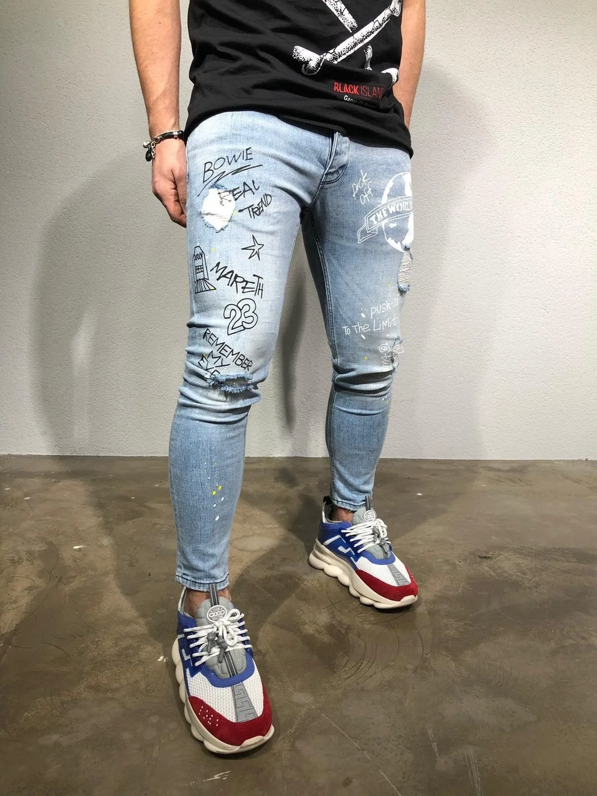 Printed Distressed Ultra Skinny Fit Denim BL164 Streetwear Jeans