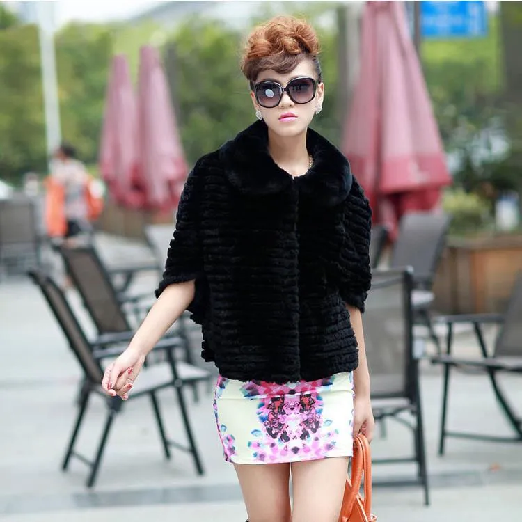 Real Rex Rabbit fur coat with bat sleeve design for women winter 010179