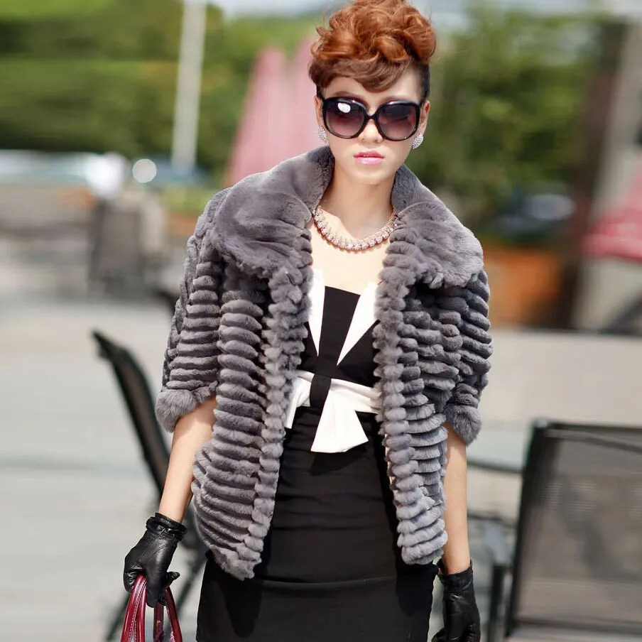 Real Rex Rabbit fur coat with bat sleeve design for women winter 010179