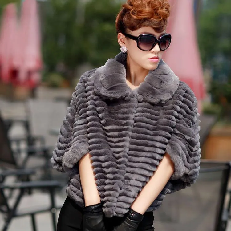 Real Rex Rabbit fur coat with bat sleeve design for women winter 010179