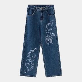 Retro Lines | Raw Denim Graphic Print Jeans