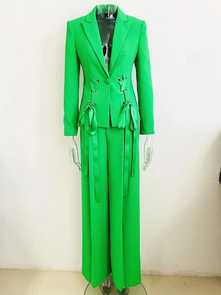 Ribbons Lacing Two Piece Green Suit Set