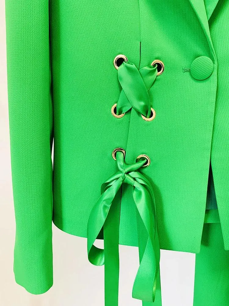 Ribbons Lacing Two Piece Green Suit Set