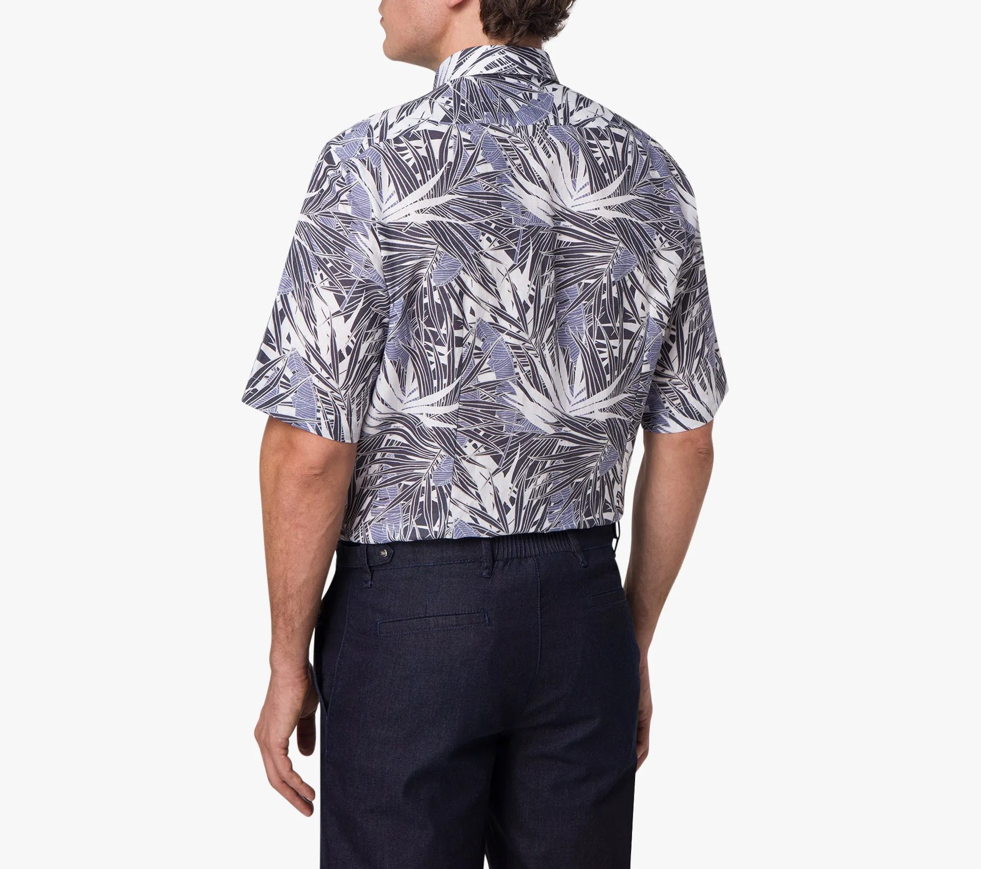 Short Sleeve Shirt with Tropical Leaves Printed Pattern