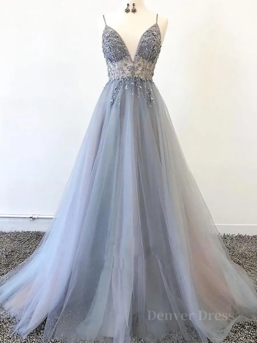 Silver Grey V Neck Floor Length Long Beaded Prom Dresses, Grey Long Beaded Formal Evening Dresses