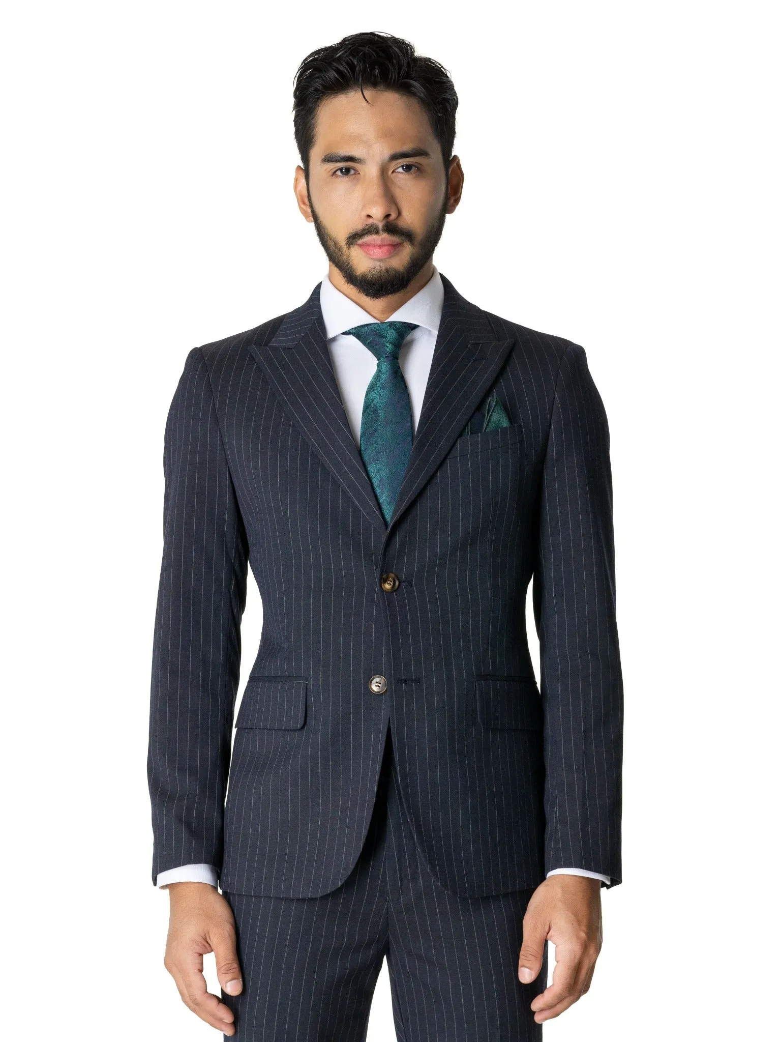 Single Breasted Suit Blazer - Navy Blue Pinstripes (Peak Lapel)