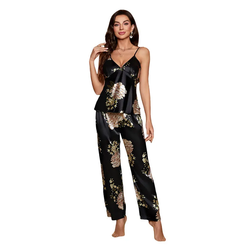 Slip V Deep Neck  Ladies Floral Printed Silk Pajamas Set Silk Sleepwear For Women