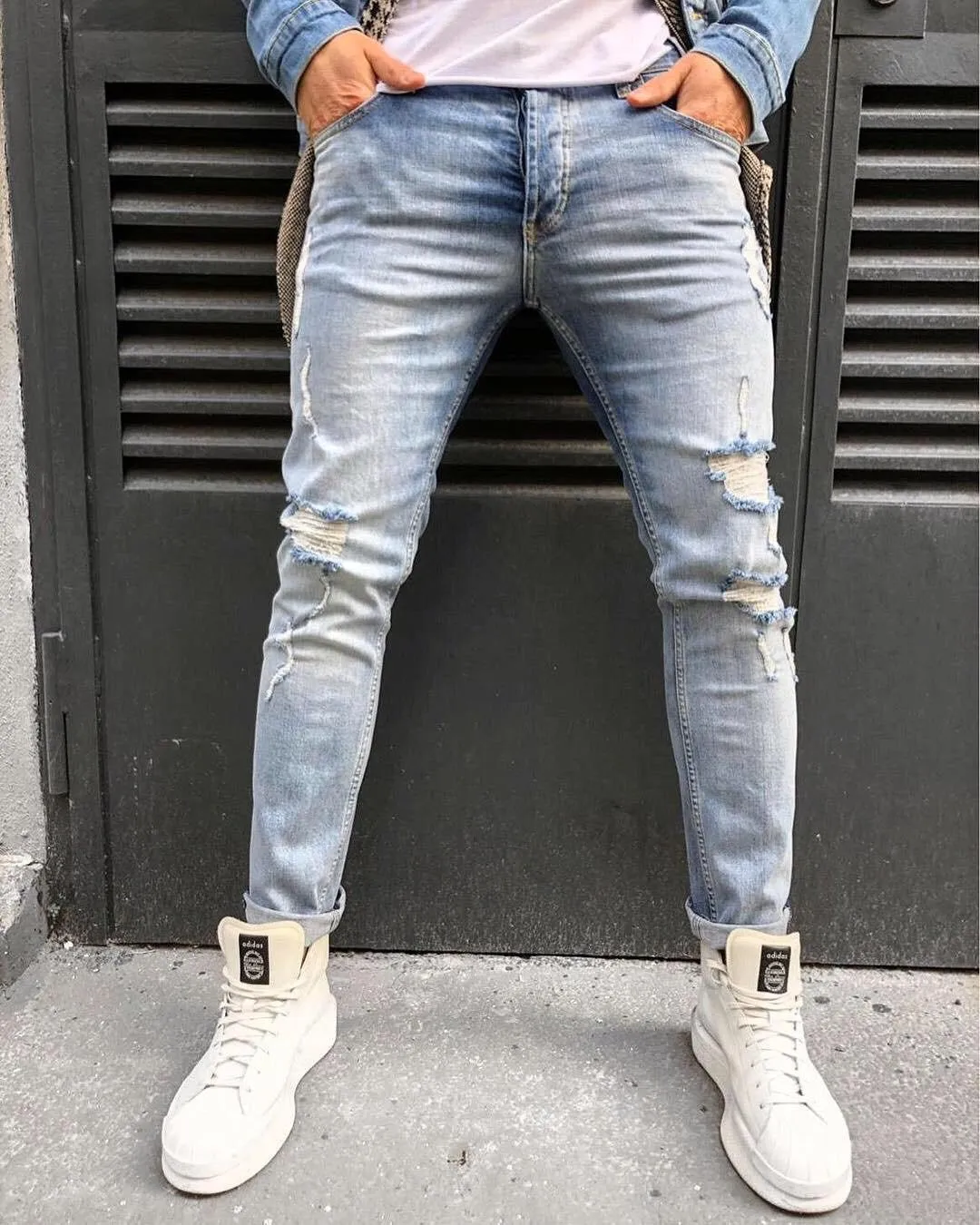 Sneakerjeans - Blue Washed Ripped Ultra Skinny Jeans B329