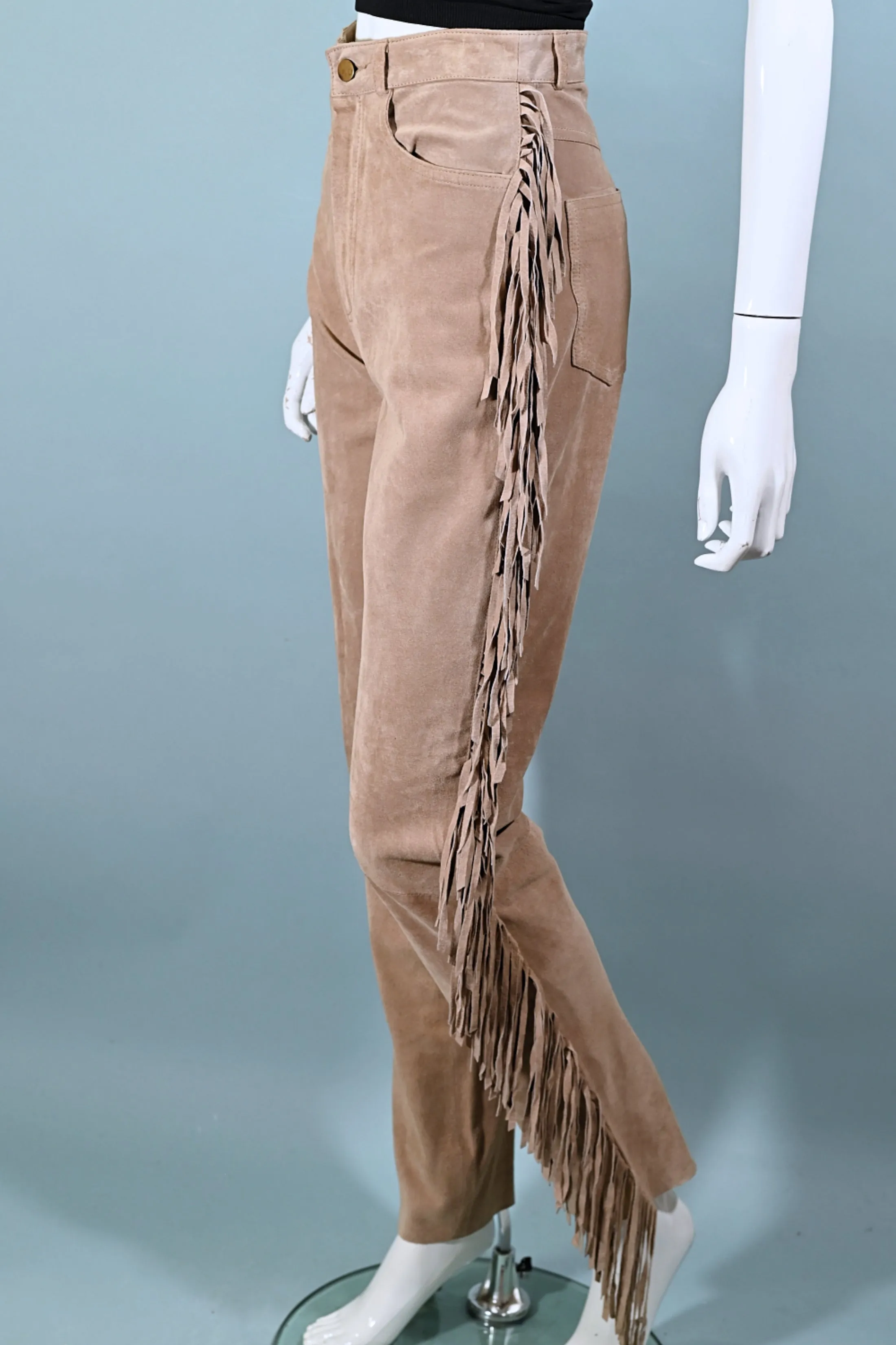 SOLD Vintage Tan Suede Fringe Pants, Hippie Southwestern Jeans XS